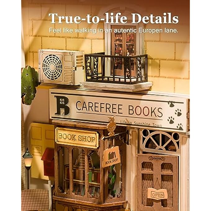 BOOK NOOK KITS 3D PUZZLES WOODEN PUZZLE ADULT DIY BOOK CORNER WOODEN MODELS CONSTRUCTION KITS FOR BOOKSHELF BOOKENDS DECOR (SUNSHINE TOWN) - Image 4
